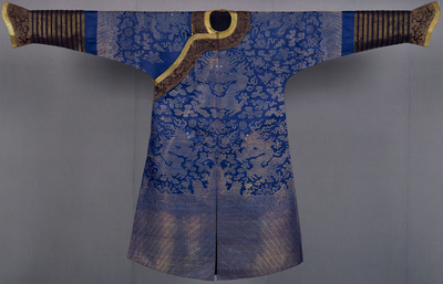 Jifu (Formal Court Dragon Robe) in Gold Brocade on Blue Image