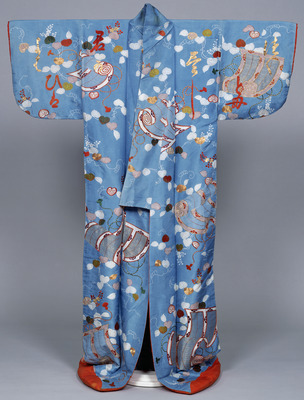 Kosode (Short-Sleeved Kimono) with Bamboo Blinds and Hollyhocks on Pale Green Ground Image