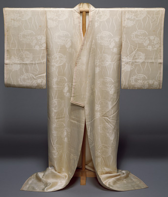 Uchiki (Robe) with Medallions of Plum Blossoms, Bamboo, Orchids, and Chrysanthemums on White Figured Image