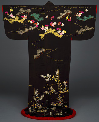 Kaidori (Uchikake, Formal Outer Robe) with Cherry Blossoms and Spring Plants in Embroidery on Dark B Image