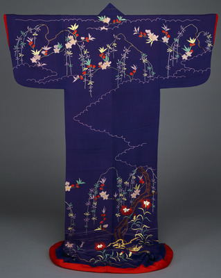 Kaidori (Uchikake, Formal Outer Robe) with Willows, Cherry Blossoms, and Wild Pinks in Embroidery on Image