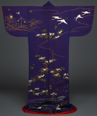 Lined Kimono with Cranes and Sparrows amidst Trees in Embroidery on Purple Crepe (Kinuchijimi) Groun Image