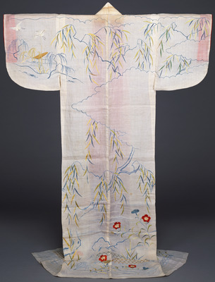 Katabira (Summer Kimono) with Herons, Wild Pinks, and Willows in Embroidery and Indigo Dyeing on Whi Image