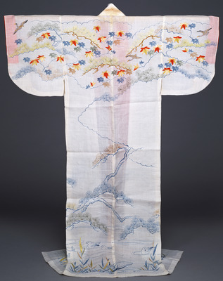 Katabira (Summer Kimono) with Geese, Pines, and Maples in Embroidery and Indigo Dyeing on White Rami Image