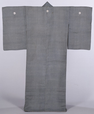 Long Kimono with Three-Leaf Komon Pattern on Grey Plain-Weave Silk Ground Image