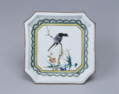 Kutani Square Plate with Bird on Plum Branch and Bamboo in Overglaze Enamels Image