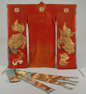 Furisode (Long-Sleeved Kimono) with Lions and Decorative Balls on Crimson Ground and Obi (Sash) with Fans and Lions (Scene from the Noh Play, Shakkyo) on Light Blue Ground Image