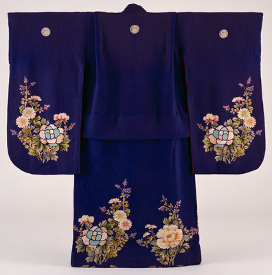 Furisode (Long-Sleeved Kimono) with Peonies and Autumn Grasses on Purple Ground Image