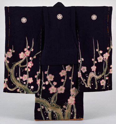 Furisode (Long-Sleeved Kimono) with Plum Tree on Dark Purple Ground Image