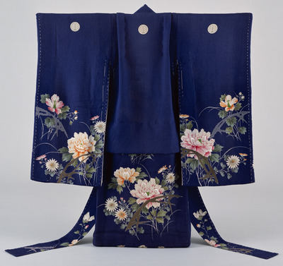 Furisode (Long-Sleeved Kimono) with Flowering Plants of the Four Seasons on Dark Blue Ground Image