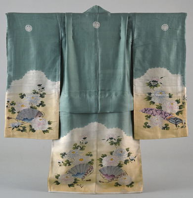 Furisode (Long-Sleeved Kimono) with Chrysanthemums, Peonies, Cypress Fans, and Zithers on Parti-colored Ground Image