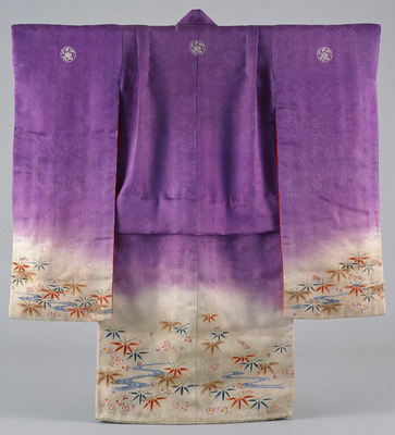 Furisode (Long-Sleeved Kimono) with Bamboo, Plum Blossoms, and Flowing Water on Parti-colored Ground Image