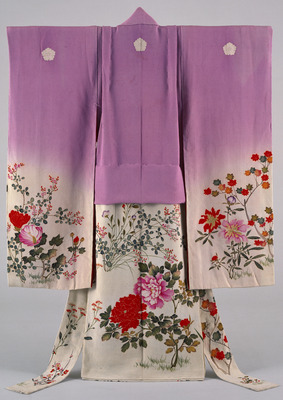 Furisode (Long-Sleeved Kimono) with Flowering Plants of the Four Seasons on Parti-colored Ground Image