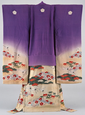 Furisode (Long-Sleeved Kimono) with Flying Cranes and Pines, Bamboo, and Plum Blossoms in Pine-shape Image