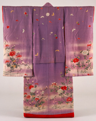 Furisode (Long-Sleeved Kimono) with Butterflies and Flowering Plants of the Four Seasons on Purple G Image