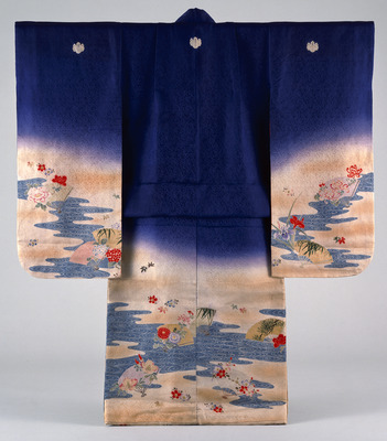 Furisode (Long-Sleeved Kimono) with Flowers, Fans, and Flowing Water on Parti-colored Ground Image