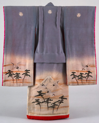 Furisode (Long-Sleeved Kimono) with Mount Fuji and Flying Cranes on Parti-colored Ground Image