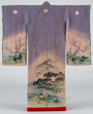 Furisode (Long-Sleeved Kimono) with Spring Scene of Flying Cranes on Parti-colored Ground Image