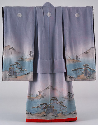 Furisode (Long-Sleeved Kimono) with Pond Snowscape on Parti-colored Ground Image