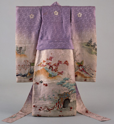 Furisode (Long-Sleeved Kimono) with Scenes from the Tale of Genji on Parti-colored Ground Image