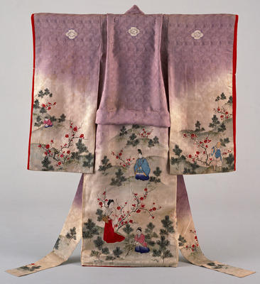 Furisode (Long-Sleeved Kimono) with Scene of Young Pine Picking at New Year's on Parti-colored Groun Image