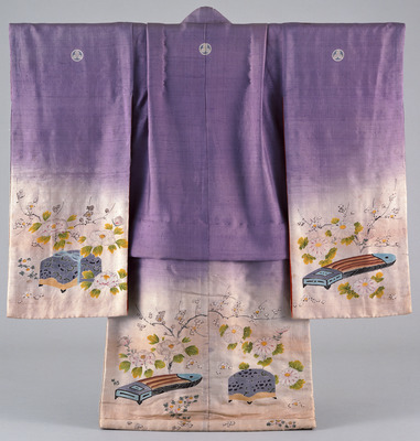 Furisode (Long-Sleeved Kimono) with Plums, Chrysanthemums, and Zithers on Parti-colored Ground Image