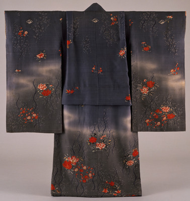 Furisode (Long-Sleeved Kimono) with Rosettes, Arabesques, and Vapors on Parti-colored Ground Image