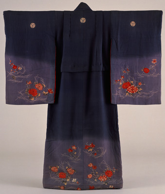 Furisode (Long-Sleeved Kimono) with Flowering Plants and Pine Needles on Parti-colored Ground Image