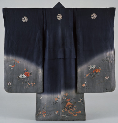 Furisode (Long-Sleeved Kimono) with Flowering Plants of the Four Seasons on Parti-colored Ground Image