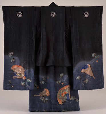 Furisode (Long-Sleeved Kimono) with Hollyhocks and Cypress Fans on Parti-colored Ground Image