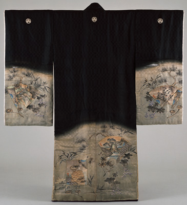 Furisode (Long-Sleeved Kimono) with Flowering Plants, Fans, and Colored Paper on Parti-colored Groun Image