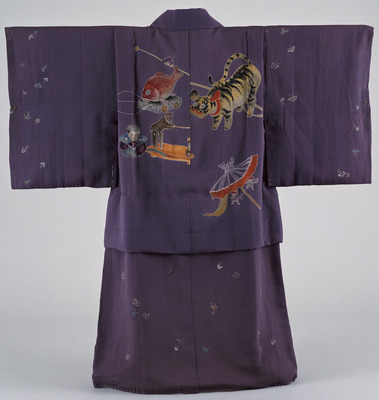 Furisode (Long-Sleeved Kimono) with Toys and Butterflies on Purple Ground Image