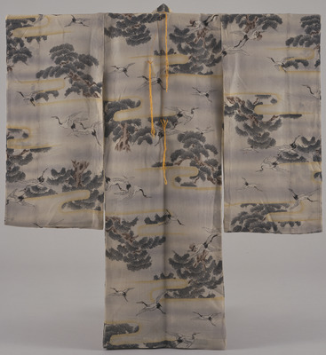 Furisode (Long-Sleeved Kimono) with Pines and Cranes in the Mist on Pale Grey Ground Image