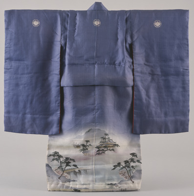 Furisode (Long-Sleeved Kimono) with Famous Sights of Uji on Parti-colored Ground Image