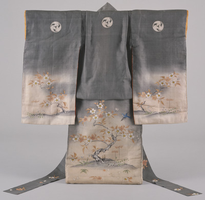 Furisode (Long-Sleeved Kimono) with Cherry Trees and Birds on Parti-colored Ground Image