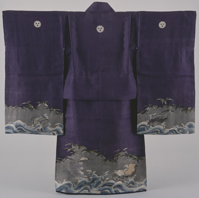 Furisode (Long-Sleeved Kimono) with Motif from the Tale "Urashimataro" on Parti-colored Ground Image