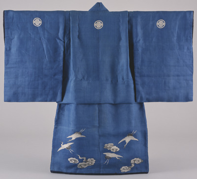 Furisode (Long-Sleeved Kimono) with Flying Cranes on Dark Blue Ground Image