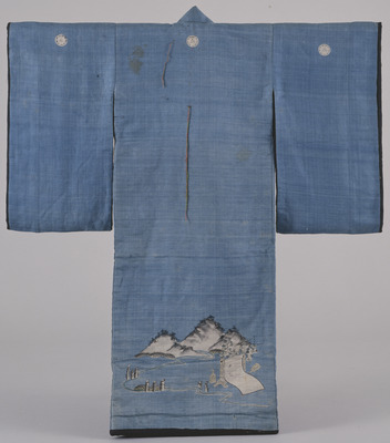 Furisode (Long-Sleeved Kimono) with Scenes from the Play, Kinuta, on Light Blue Ground Image