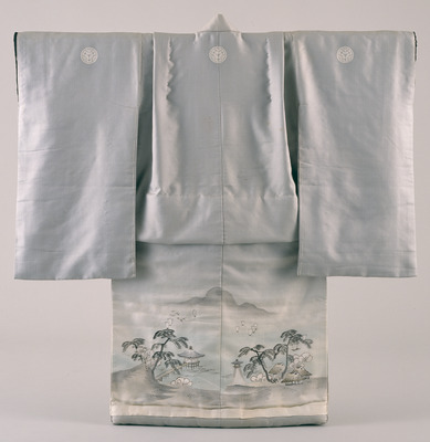 Furisode (Long-Sleeved Kimono) with Eight Views of Lake Biwa on Pale Blue Ground Image