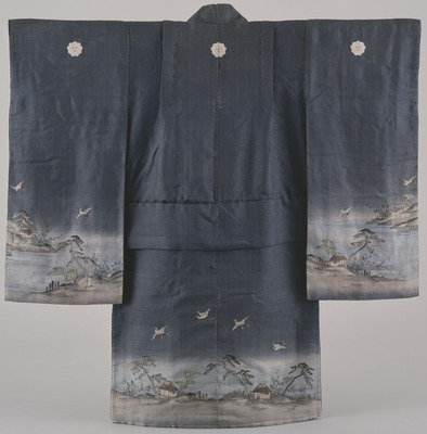 Furisode (Long-Sleeved Kimono) with Cranes Flying over a Bay on Bluish Grey Ground Image