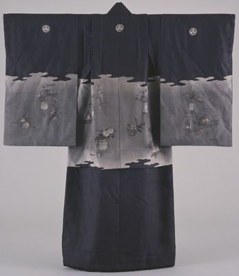 Noshime Furisode (Long-Sleeved Kimono) with Ikebana in Mist-Silhouette Band on Dark Grey Ground Image