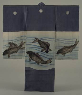 Noshime Furisode (Long-Sleeved Kimono) with Carp in Flowing Water on Grey-Blue Ground Image