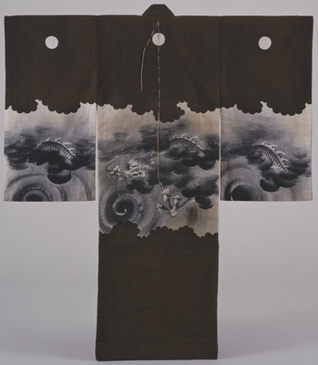 Noshime Furisode (Long-Sleeved Kimono) with Dragons and Clouds in Cloud-Silhouette Band on Dark Brow Image