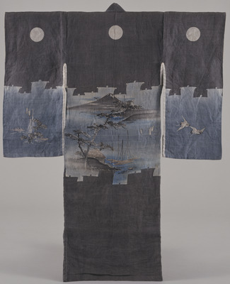 Noshime Furisode (Long-Sleeved Kimono) with Scenes of Mt. Fuji and Tago-no-ura in Sailboat-Silhouett Image