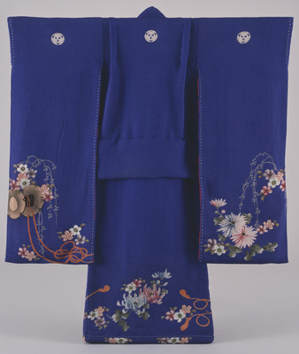 Furisode (Long-Sleeved Kimono) with Hand Drum and Flowering Plants on Dark Blue Ground Image