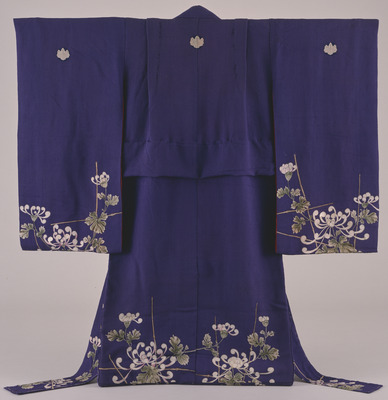 Furisode (Long-Sleeved Kimono) with Chrysanthemums and Fence on Purple Ground Image