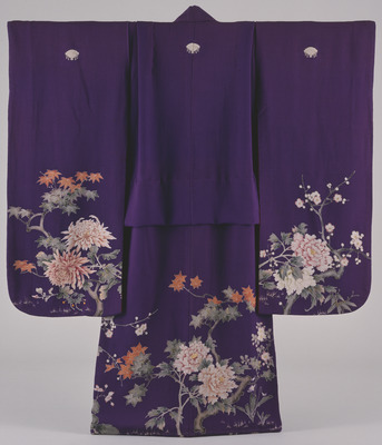 Furisode (Long-Sleeved Kimono) with Flowering Plants of the Four Seasons on Purple Ground Image