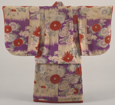 Furisode (Long-Sleeved Kimono) with Chrysanthemums on Parti-colored Ground Image