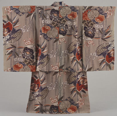 Furisode (Long-Sleeved Kimono) with Paulownias and Bamboo on Grey Ground Image