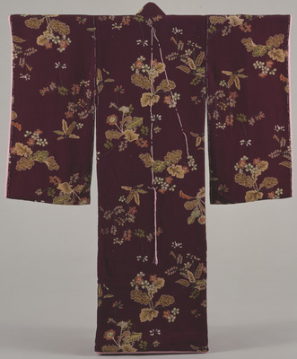 Furisode (Long-Sleeved Kimono) with Primroses on Dark Purple Ground Image